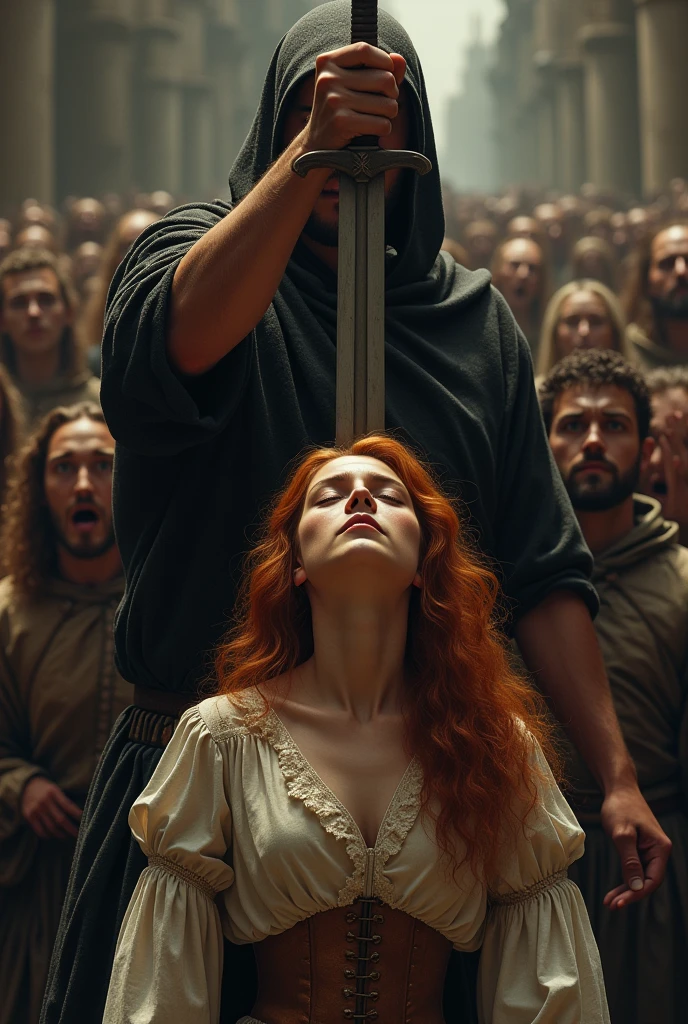 A woman with bright brown hair is executed in front of a large public in century. She looked sad as a man is ready to beheaded her with a long sword