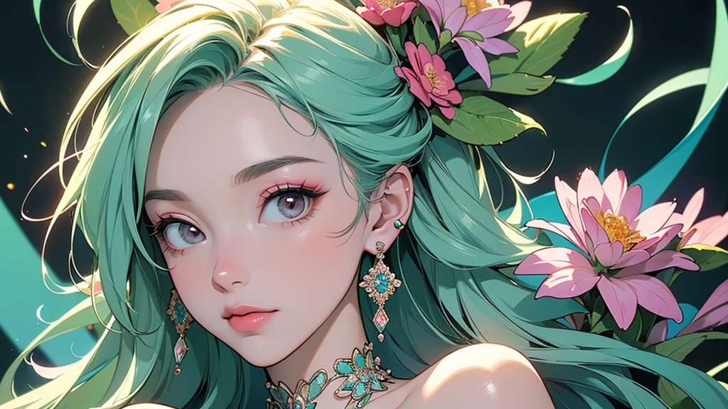 32K, 最高quality, 最高masterpiece, (ultra-Detailed Background, Detailed Background), High resolution, Super detailed, Very detailedな, One girl, (bouquet:1.3), (Tangled:1.2), (Geometric:1.2),(colorful),(masterpiece, quality, best quality, Official Art, Beautiful and beautiful:1.2), (1 girl:1.3), Very detailed,(colorful:1.1)(Flowers:1.3),Most detailed,(Tangled:1.2), whole body, (Abstract background:1.3), (Skin glows), (Many colors:1.4), ,(Earrings Jewelry:1.5), Light green background,