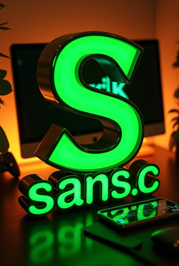 I want the letter S to be green with a black border. I also want it to have a gamer setup and for the screen to have the image with the word kick in green and the background to be completely black and for the screen to be even on its side and I want it to be warm behind the letter above it to take up eighty percent of the image and I want the background to be green with gold and black. I want you to name it sangs._c below the ky that the name be filled in green and bordered with black and have a golden shadow and also put I want it to have a cell phone 