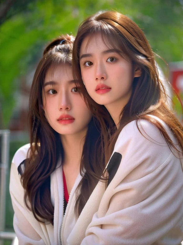 1 girl, young woman, brown hair, long hair,, shiny skin, white skin, sad face, sweaty gym clothing, realistic, soft lighting, uhd.