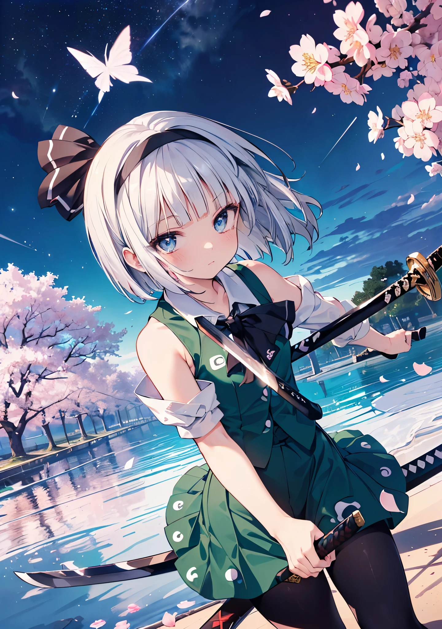 masterpiece, best quality, best 8k wallpaper,petals, konpaku_youmu, sword, vest, weapon, 1girl,flat chest,short_hair, konpaku_youmu_\(ghost\), green_vest, katana, holding, rose_petals, silver_hair, hitodama, skirt, black_ribbon, hairband, ribbon, black_hairband, green_skirt, holding_sword, sheath, long_sleeves, solo, shirt, cherry_blossoms, hair_ribbon, skirt_set, falling_petals, holding_weapon, scabbard, bangs, dual_wielding