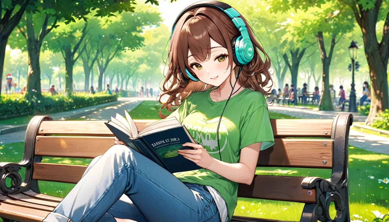 (Brown-haired girl wearing headphones), (Reading on a park bench), (Very detailed, masterpiece, Highest quality, bright), (Anime Style)
background: Lush green park scenery: Focus on the book、A costume with a quiet joyful expression: Casual t-shirt and jeans pose: Sitting on a bench、Reading a book on one's lap: A quiet, breezy afternoon in the park