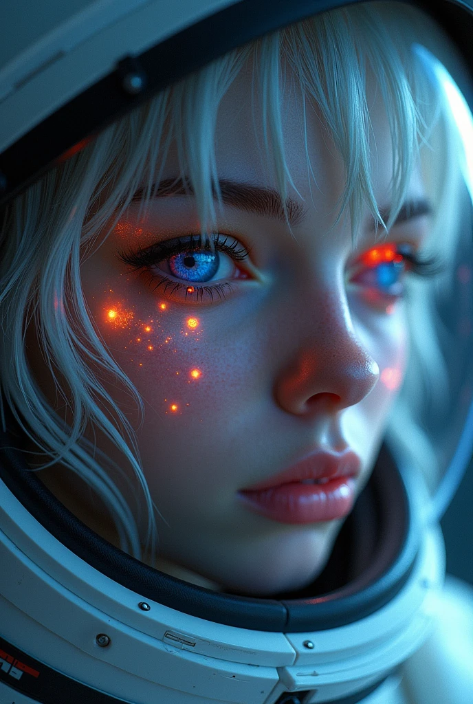 (Close-up of a better masterpiece:1.5)0.9], (Space and astronauts:1.2) (Messy silver hair:1.1) (Heterochromia xanthochromia and blue eyes:1.2) (Space Helmet:1.0) (Colored stars in the eyes:1.0) (A radiant glow:1.1) (thick lips:0.9)