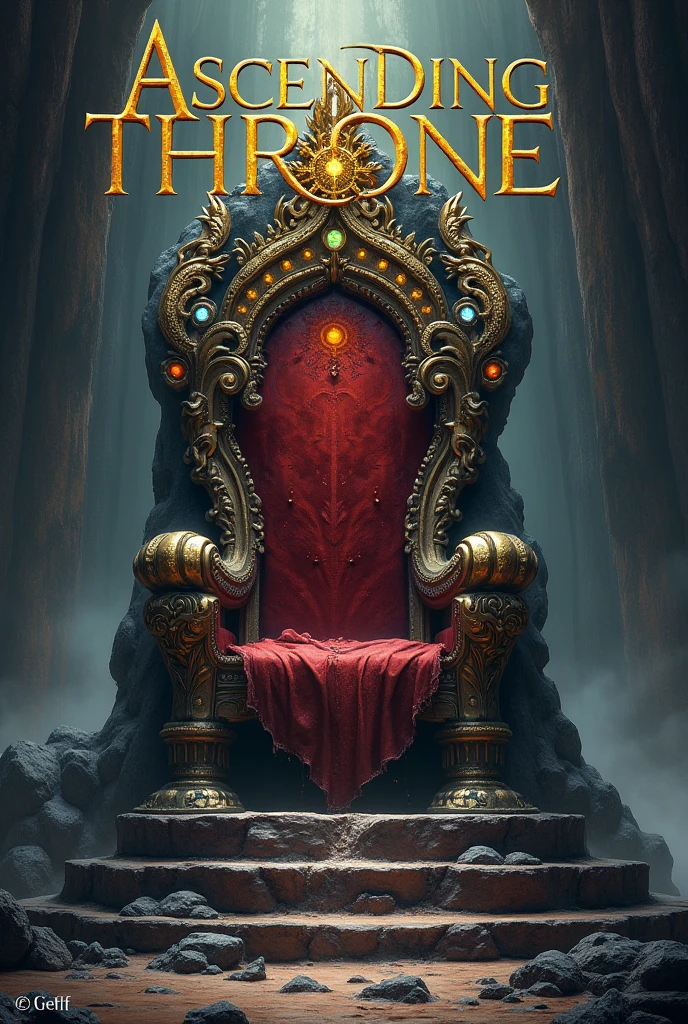 A book cover.
The title will be: Ascending the Throne. It will be centered at the top and written in gold..
In the center of the cover you will see a throne made of volcanic rock and precious stones embedded around it..
Below in the center will be the name of the author which is: Juan Aldana. Also written in golden letters