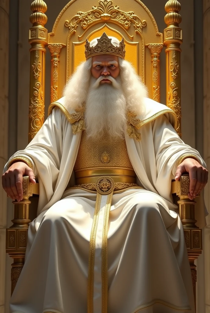 a young man with posture, powerful and majestic, with big white hair, with a big white beard, facing the front, with large white robes, with a breastplate, with a golden belt and a large shining crown of gold on his head sitting and leaning on a large and exalted throne all of gold