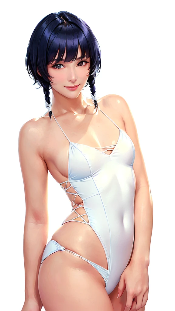 (（（Perfect body,White and tender skin,（（（Blue swimsuit ）））,（（（sui-feng, short hair, short hair with long locks，Black hair））），((masterpiece)),high resolution, ((Best quality at best)),masterpiece,quality,Best quality,（（（ Exquisite facial features,Looking at the audience,There is light in the eyes,Smile））），）））,（（（Light and shadow,Small chest，）））,（（（Looking at the camera,White background,)））),