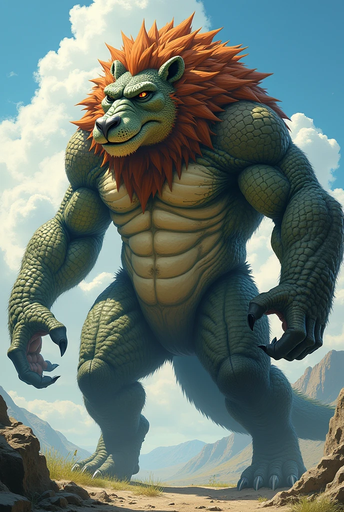 This majestic creature has the head of a crocodile, adorned with an imposing lion&#39;s mane, and a robust body that mixes the scaly texture of the crocodile with the powerful musculature of a bear.. He has four arms like a gorilla Anime style drawing  estilo anime japonés, tiene 4 brazos y 2 piernas 

