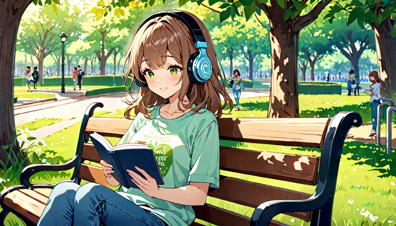 (Brown-haired girl wearing headphones), (Reading on a park bench), (Very detailed, masterpiece, Highest quality, bright), (Anime Style)
background: Lush green park scenery: Focus on the book、A costume with a quiet joyful expression: Casual t-shirt and jeans pose: Sitting on a bench、Reading a book on one's lap: A quiet, breezy afternoon in the park