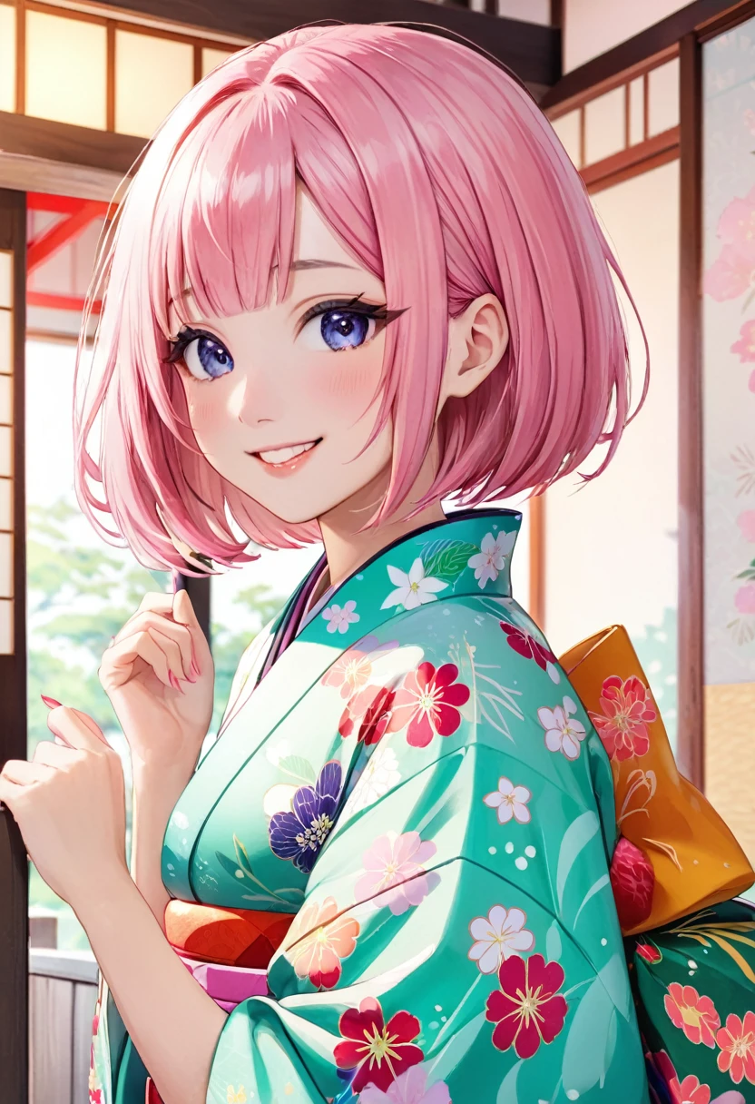Highest quality、woman、20-year-old、1 person、Japanese Kimono（Bright colors and patterns）、Light pink hair、Short Bob、smile、vtuber