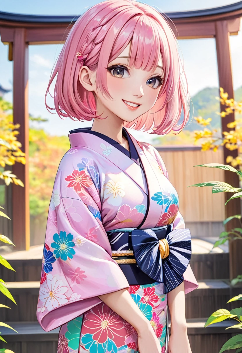 Highest quality、woman、20-year-old、1 person、Japanese Kimono(Bright colors and patterns)、Light pink hair、Short Bob、smile、vtuber