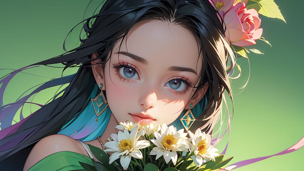 32K, 最高quality, 最高masterpiece, (ultra-Detailed Background, Detailed Background), High resolution, Super detailed, Very detailedな, One girl, (bouquet:1.3), (Tangled:1.2), (Geometric:1.2),(colorful),(masterpiece, quality, best quality, Official Art, Beautiful and beautiful:1.2), (1 girl:1.3), Very detailed,(colorful:1.1)(Flowers:1.3),Most detailed,(Tangled:1.2), whole body, (Abstract background:1.3), (Skin glows), (Many colors:1.4), ,(Earrings Jewelry:1.5), Light green background,