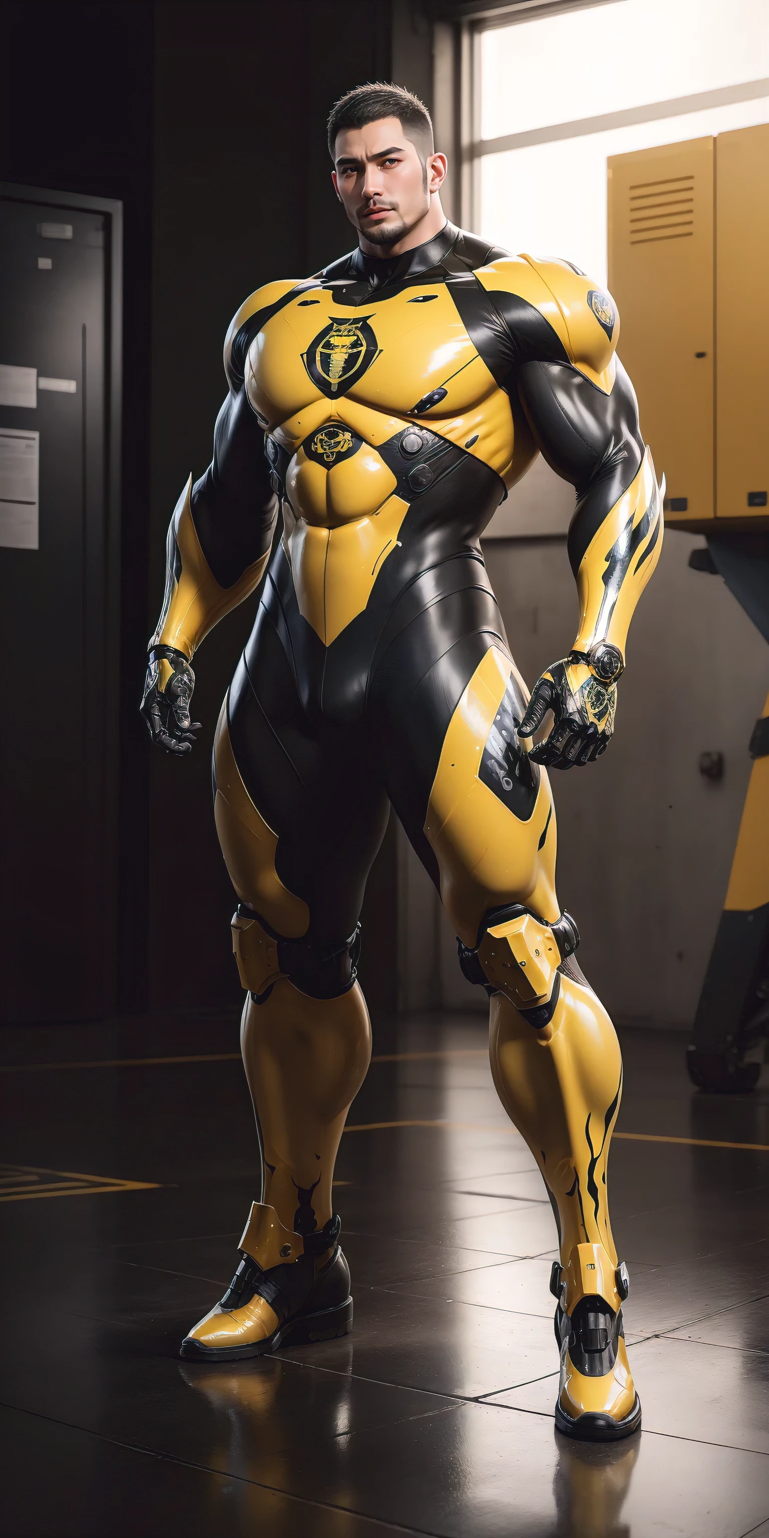 Tall giant muscular police officer,Yellow and black camouflage patterned nano mecha,Honeycomb pattern,Lightweight texture,Character Concept(Resident Evil - Chris Redfield,Chris Redfield)senior police officer,Small grid texture,Regular symmetrical texture pattern,Sad expression,Deep and charming eyes,Standing in a bright mechanical laboratory,Emerald Eyes Hero,Heroic male pose,Tall burly,muscular!Attractive leg muscles,High target, Burly, Heqiang, Super Buff and Coolness, High Resolution Committee, Bigfoot yellow-gray ultra-thin nano-mechanical boots,Charismatic strongman,The bright sunshine shines on you,Matte particles,Shiny texture