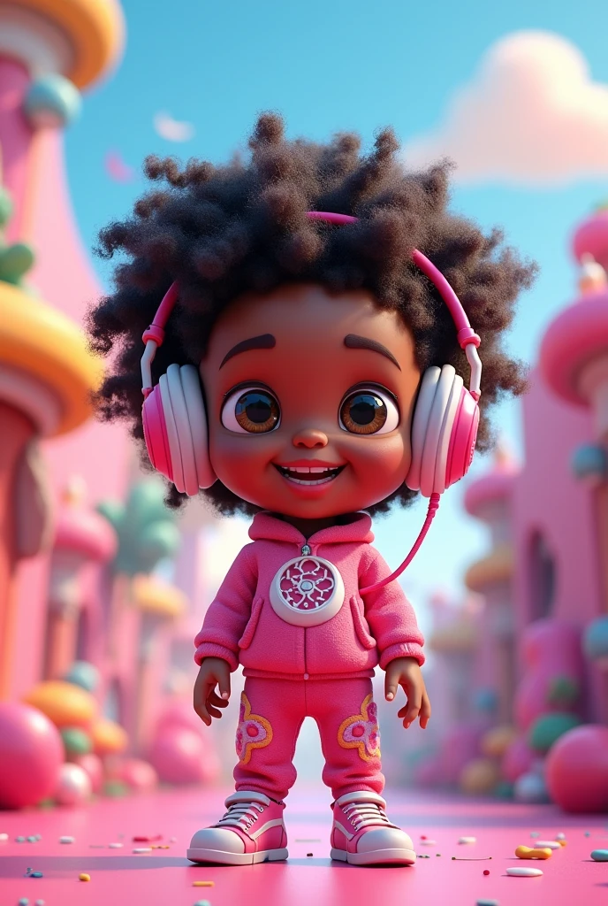 A 6-7 year old with short curly hair all over Game style in pink outfit with headphones on happy