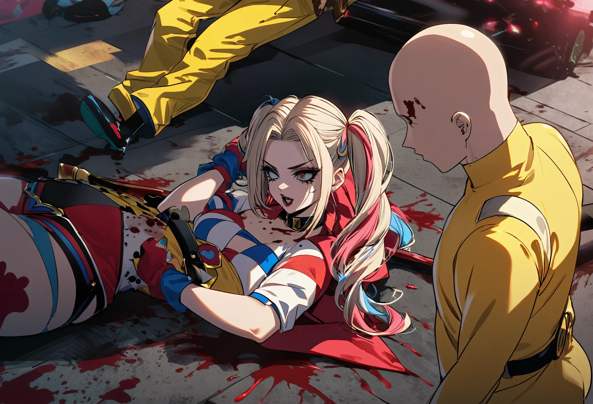 (Extreme complexity, two unique subjects) Margot Robbie as Harley Quinn (insane pretty face, tiny themed outfit Harley Quinn makeup on body, blood spatter) is wielding a bloody ball bat. Harley is standing over a confused Saitama who is lying on the ground on his back (iconic yellow suit, blood spatter, red cape, bald head). Downtown Tokyo
