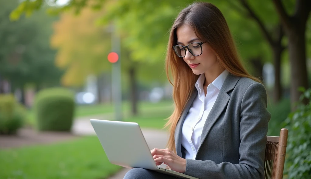 Business woman working on laptop in park
