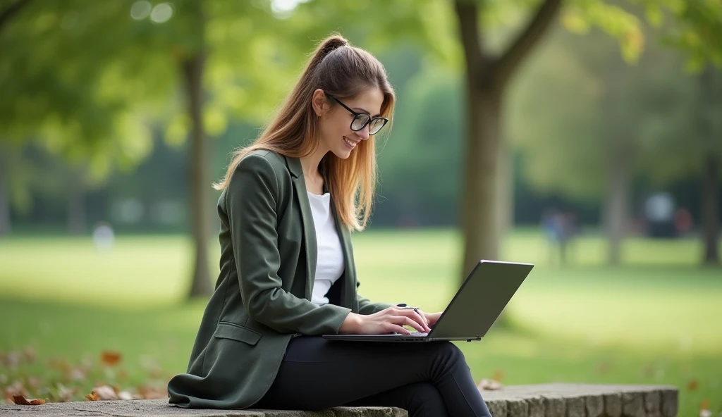Business woman working on laptop in park