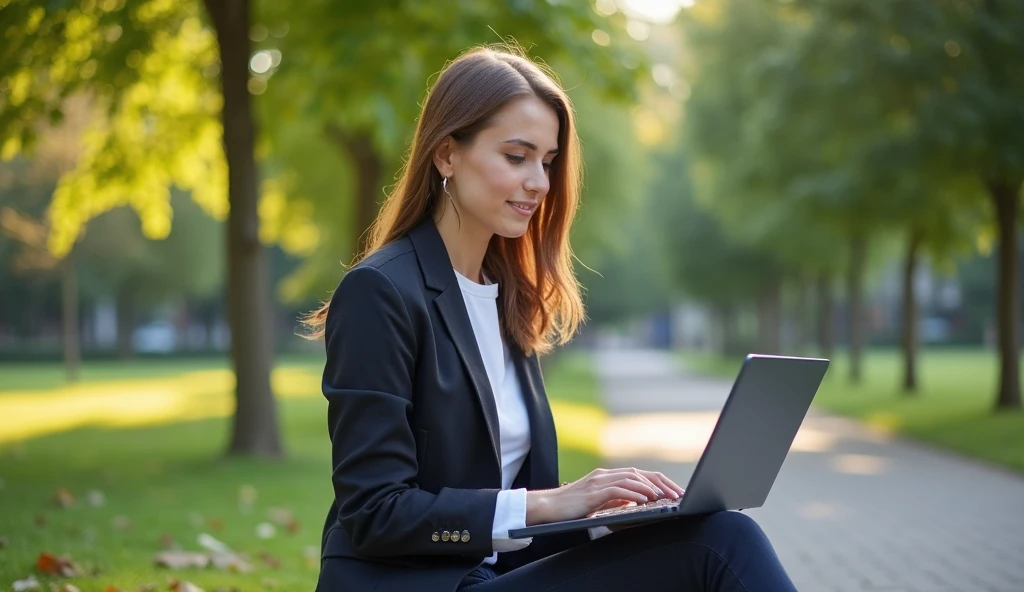 Business woman working on laptop in park