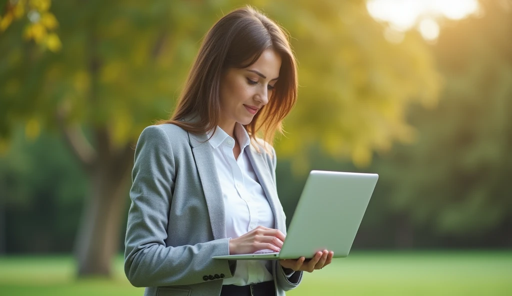 Business woman working on laptop in park