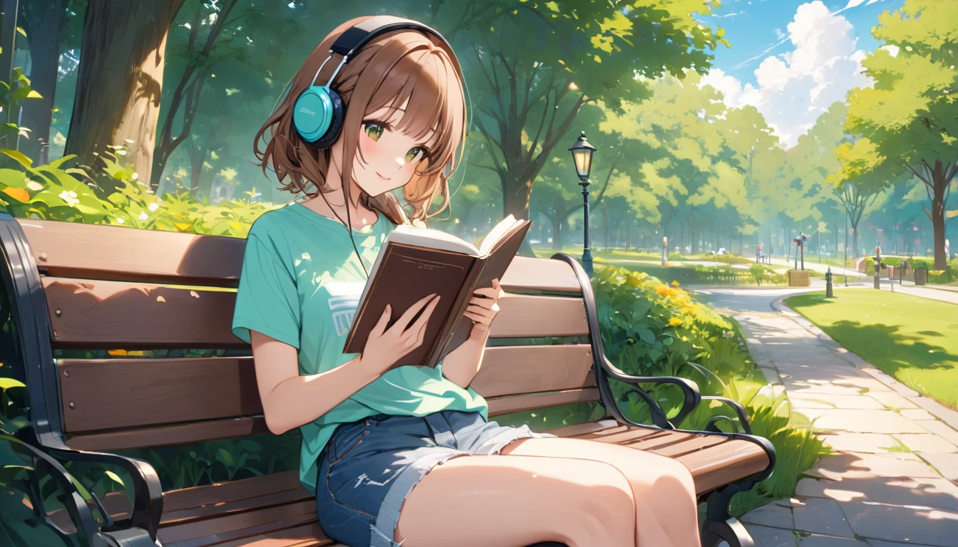 (Brown-haired girl wearing headphones), (Reading on a park bench), (Very detailed, masterpiece, Highest quality, bright), (Anime Style)
background: Lush green park scenery: Focus on the book、A costume with a quiet joyful expression: Casual t-shirt and jeans pose: Sitting on a bench、Reading a book on one&#39;s lap: A quiet, breezy afternoon in the park
