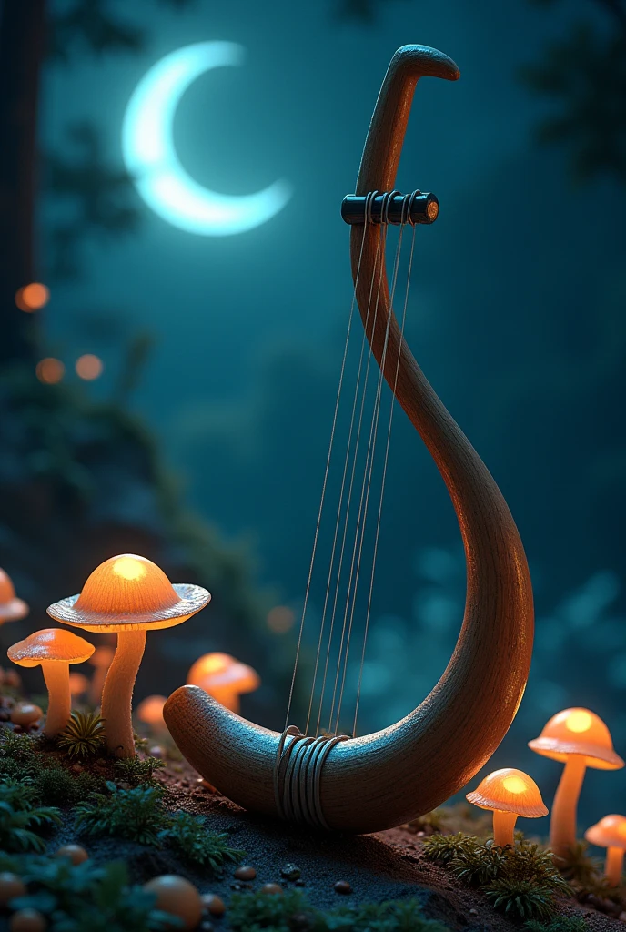 Berimbau design with moon and mushrooms