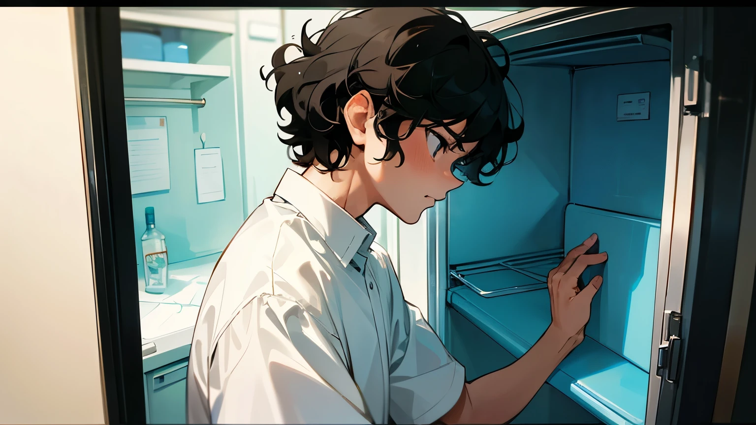 Best picture quality, masterpiece, extremely detailed, one cool guy, black hair, short hair, curly hair, white short-sleeved shirt, looking in the refrigerator, looking disgusted, inside the room, dark room, from the side Angle, upper body composition