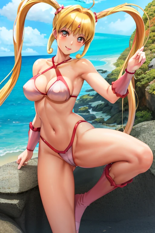 masterpiece, best quality, beautiful art, high resolution, well formed hands, body and fingers, 1 woman, solo, Nanami Lucia, , twin tails, blonde, 31 years old, full body picture, grown up, adult, large and rounded breasted, cleavage, hair ornament, wearing a Tyris Flare outfit , white_bikini, full body, sexy and skimpy bikini, gorgeous hips, legs and thighs bouncing breasts, red boots, dancing seductively and erotically, turning backwards and forwards, bikini thong, shaking her body alluringly, smiling joyfully, looking at the viewer, sweating , flirting, beach environment