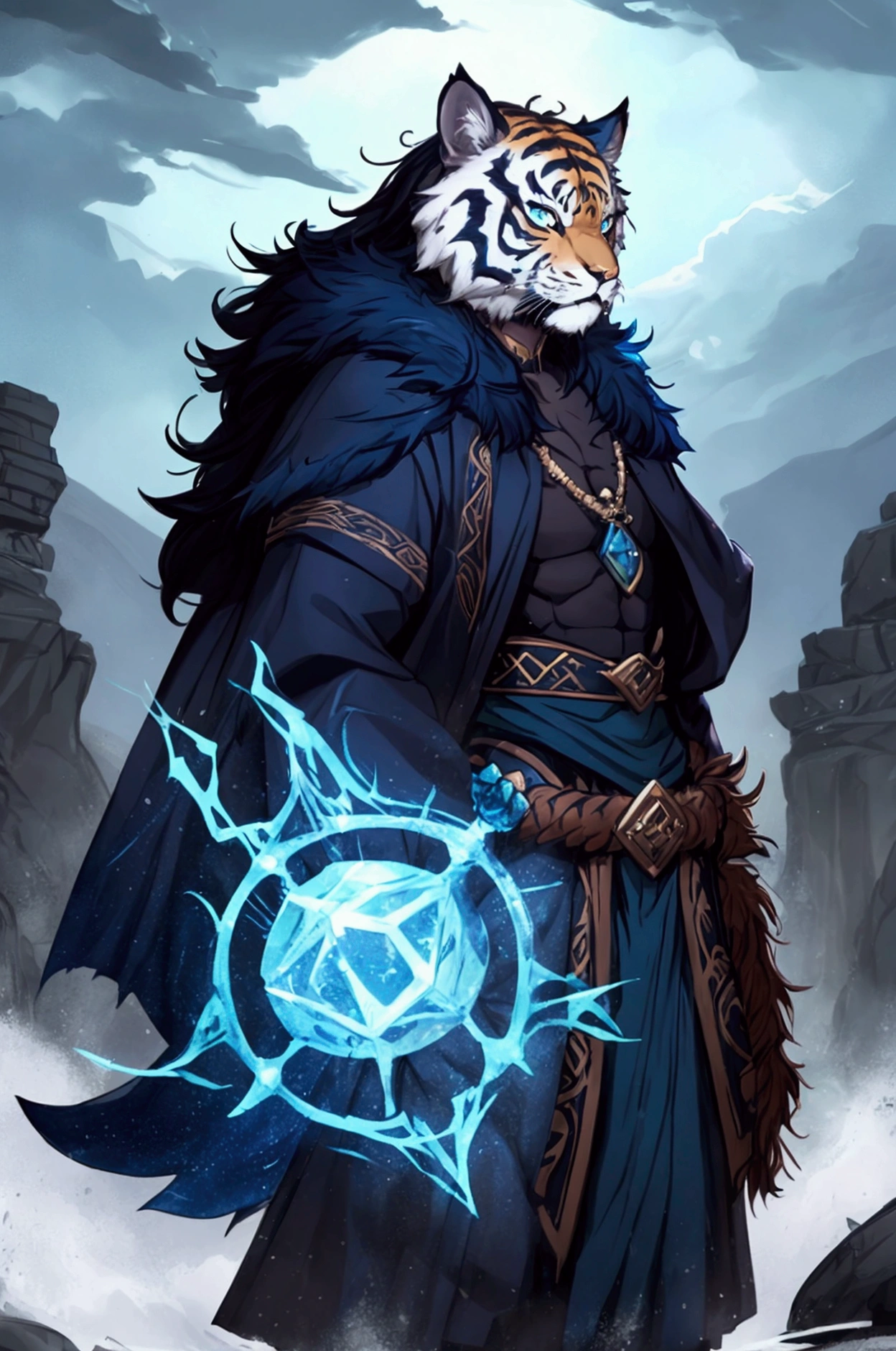 tiger man, tabaxi dnd, dark blue fur, swordsman, runic clothes, blue clothes, storm background, digital art, dnd character art style, fantasy, dark fantasy, detailed --v 6.0 --stylize 1000 --ar 3:5