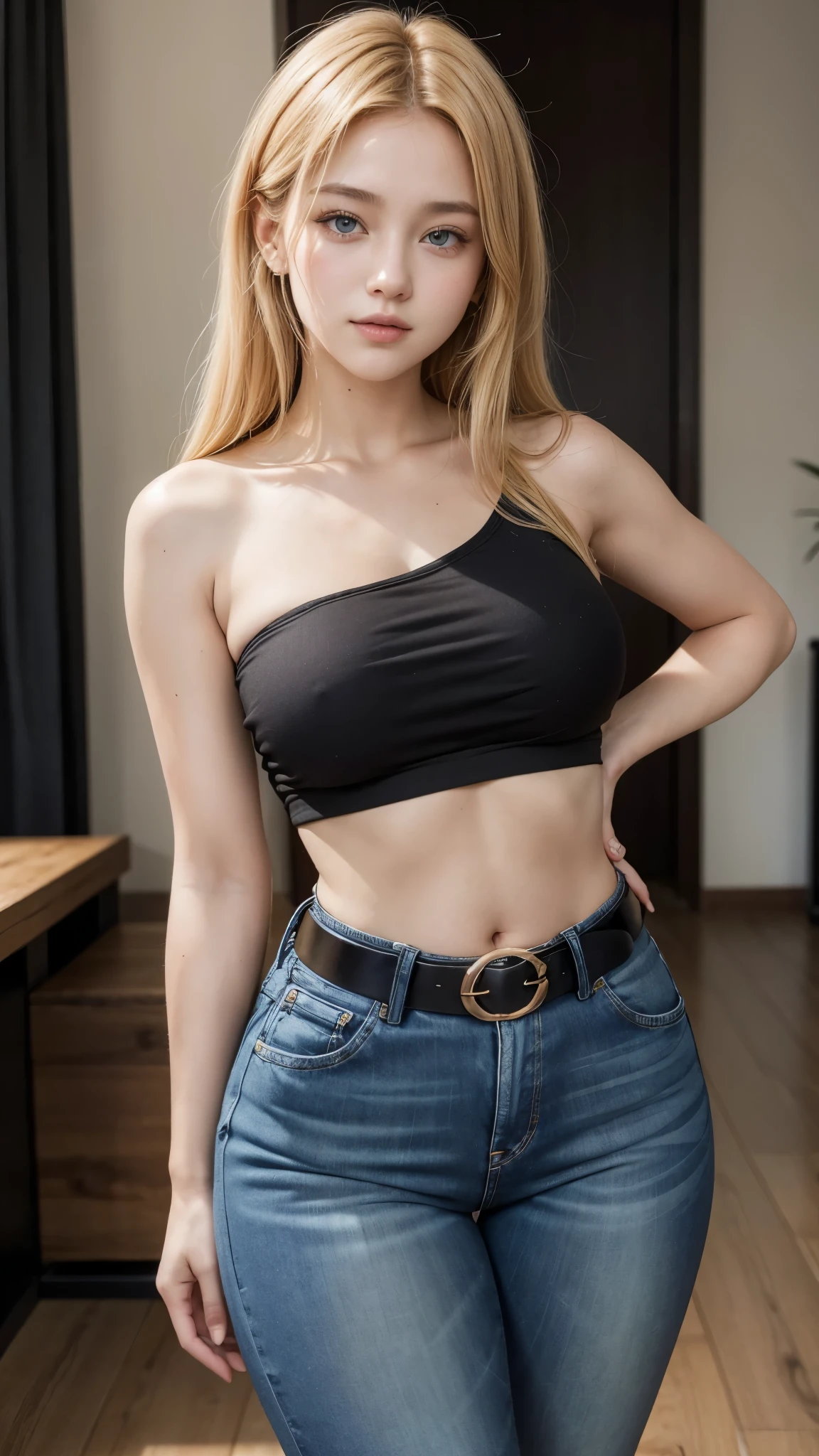 Beautiful 20-year-old girl with honey blonde hair wearing a black one-shoulder top and high-waisted jeans with a belt showing her belly button and thick legs