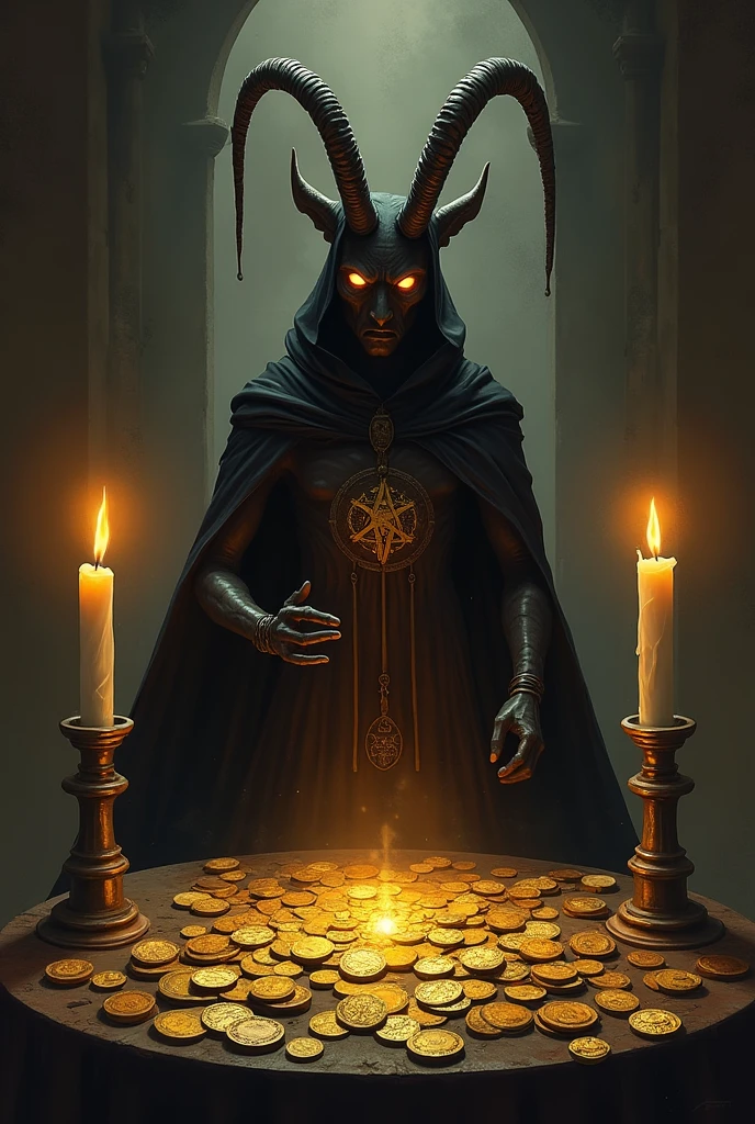 The colors of alchemy. blackw, offwhite, yellow and red in a baphomet ritual with two candles and many gold coins