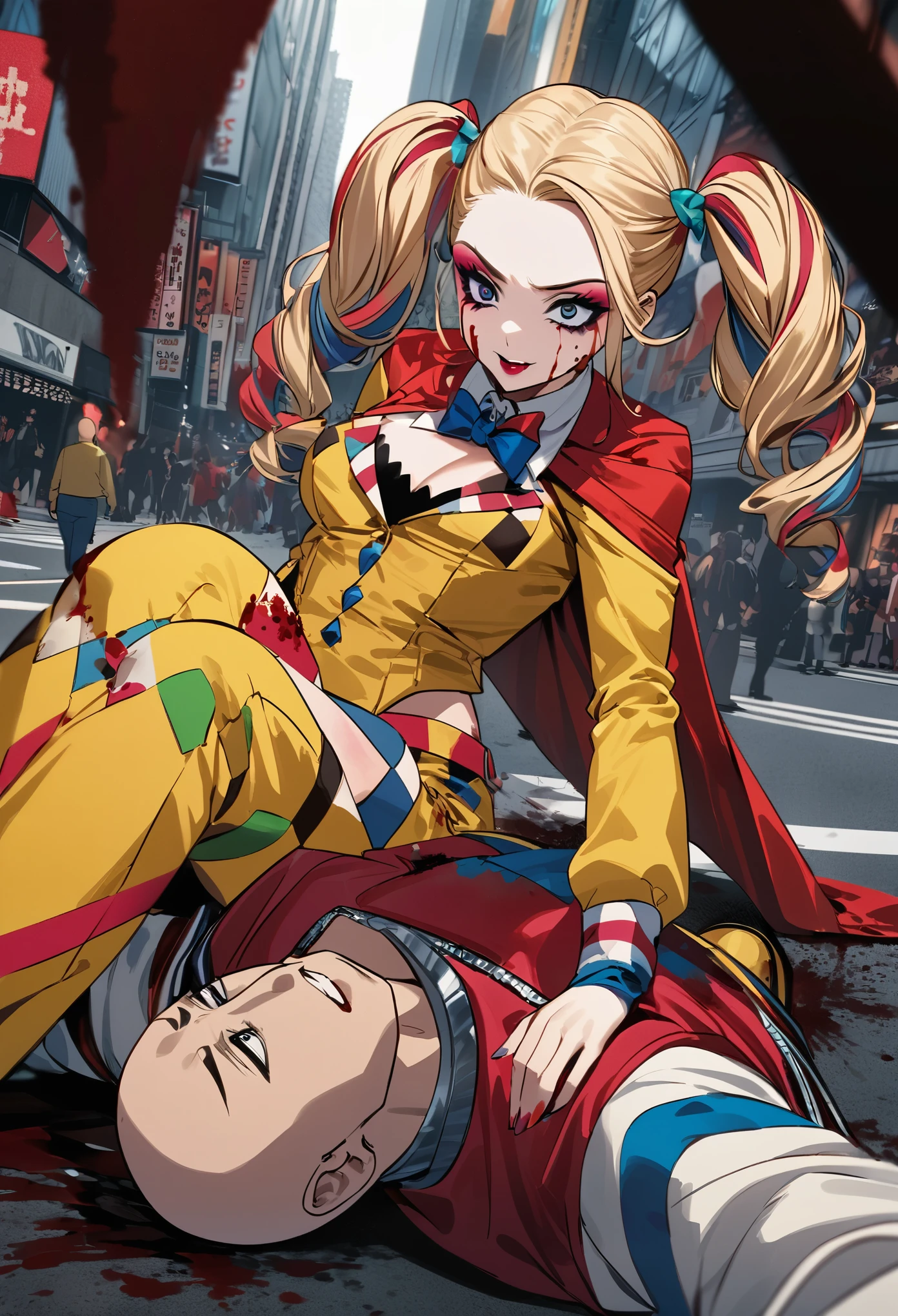 (Extreme complexity, two unique subjects) Margot Robbie as Harley Quinn (insane pretty face, tiny themed outfit Harley Quinn makeup on body, blood spatter) is wielding a bloody ball bat. Harley is standing over a confused Saitama who is lying on the ground on his back (iconic yellow suit, blood spatter, red cape, bald head). Downtown Tokyo