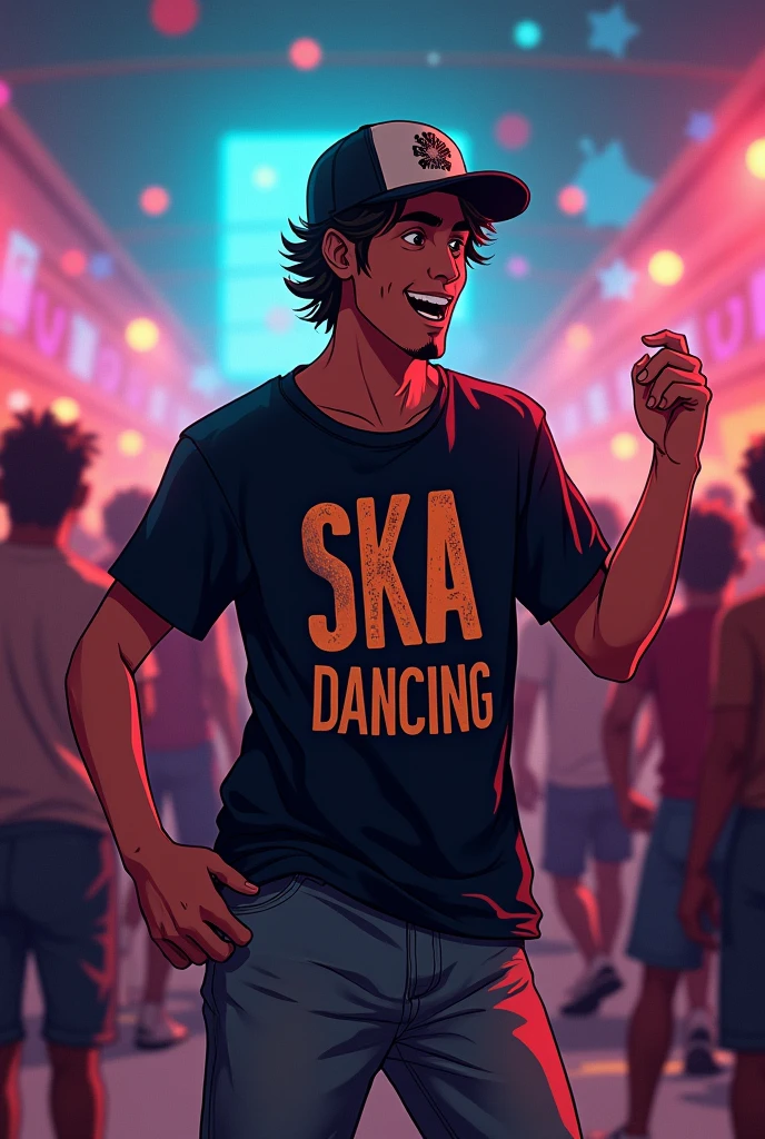 A guy of about 27 years old, thin, wearing shorts,a backwards cap and a black t-shirt that says ska dancing in a slam 
