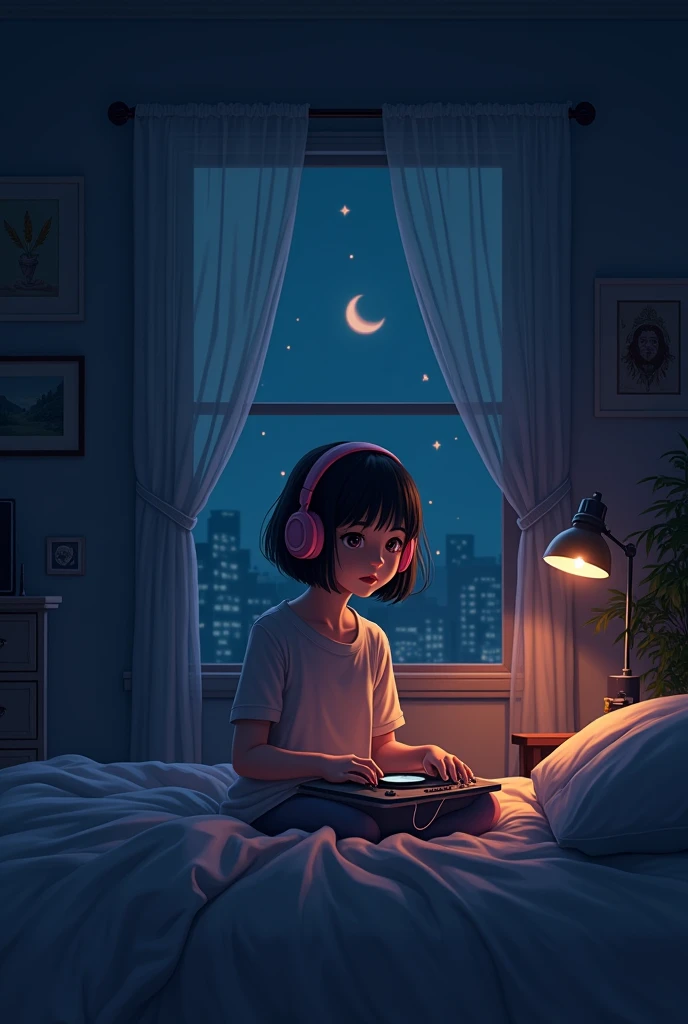 night、Girl listening to music in a cozy room, Using headphones, 2D-style animation, Lo-Fi, hard disk, Dark Environment