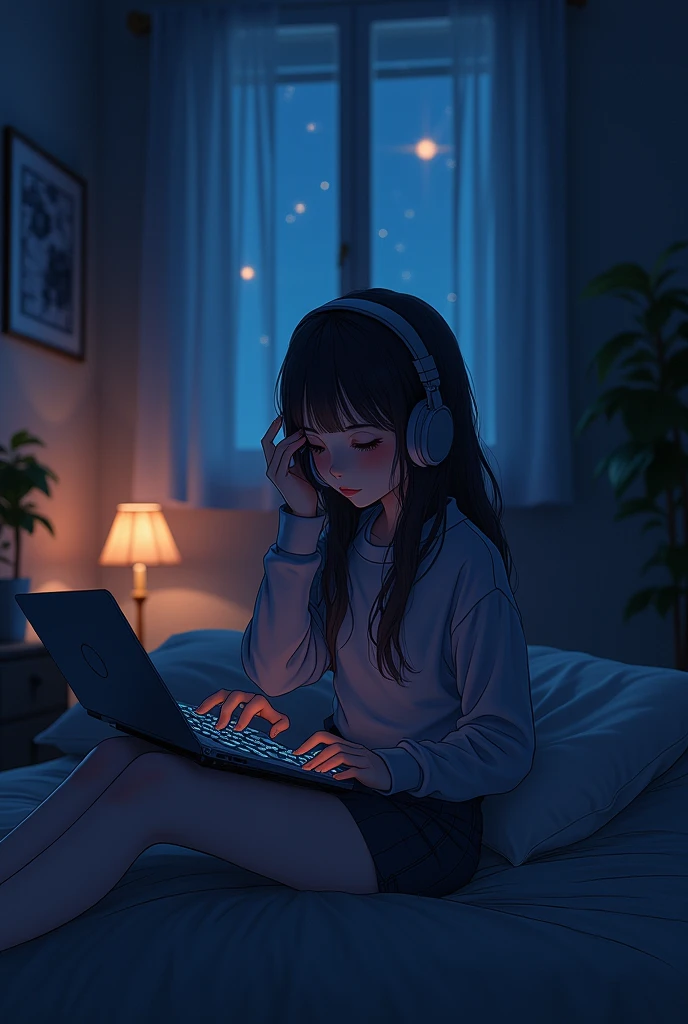 night、Girl listening to music in a cozy room, Using headphones, 2D-style animation, Lo-Fi, hard disk, Dark Environment