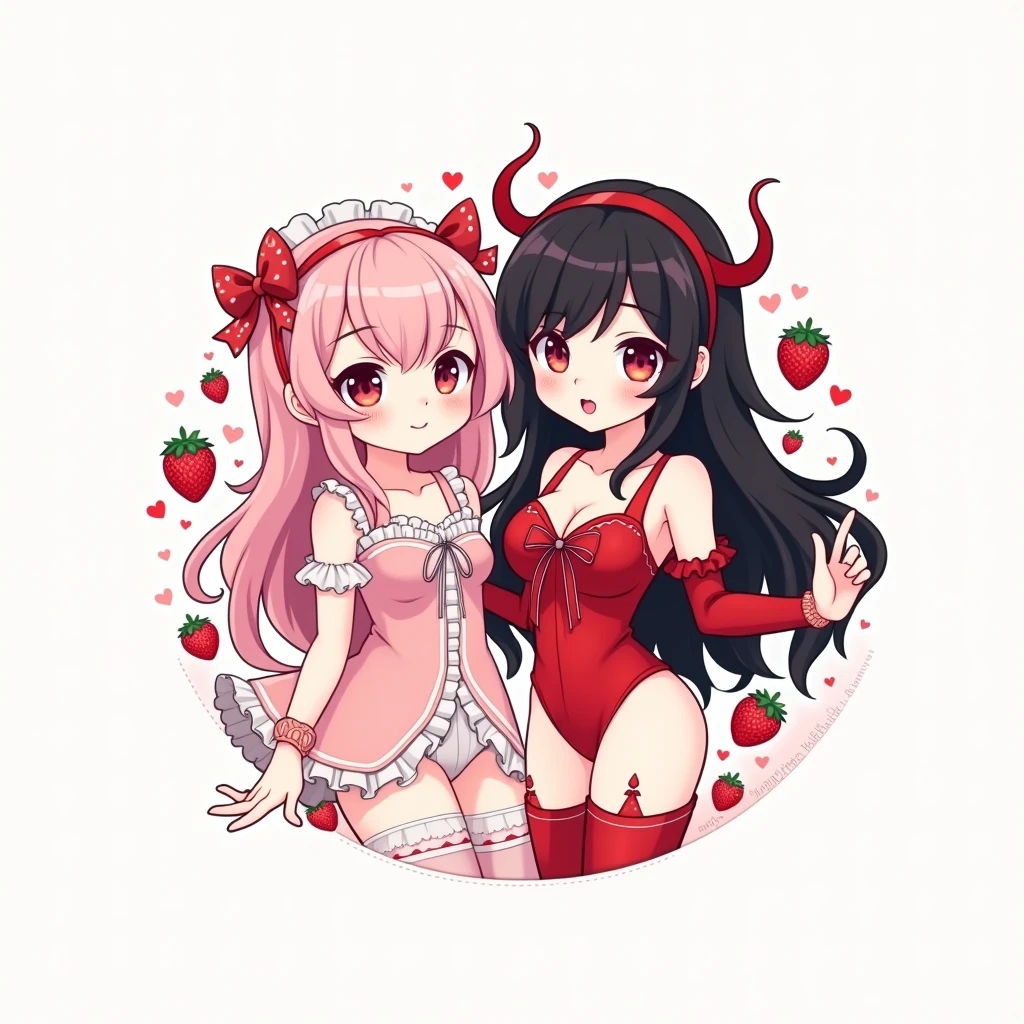 Create a small logo of a store called "Lulumu Store" with white colors, rosa , red, black and have a girl dressed as a ta with pastel pink hair , fresitas dibujadas alrededor que tenga una pose tierna y añade otra chica sucubo vestida de red muy sexy pero tierna con cabello negro con una pose provocativa