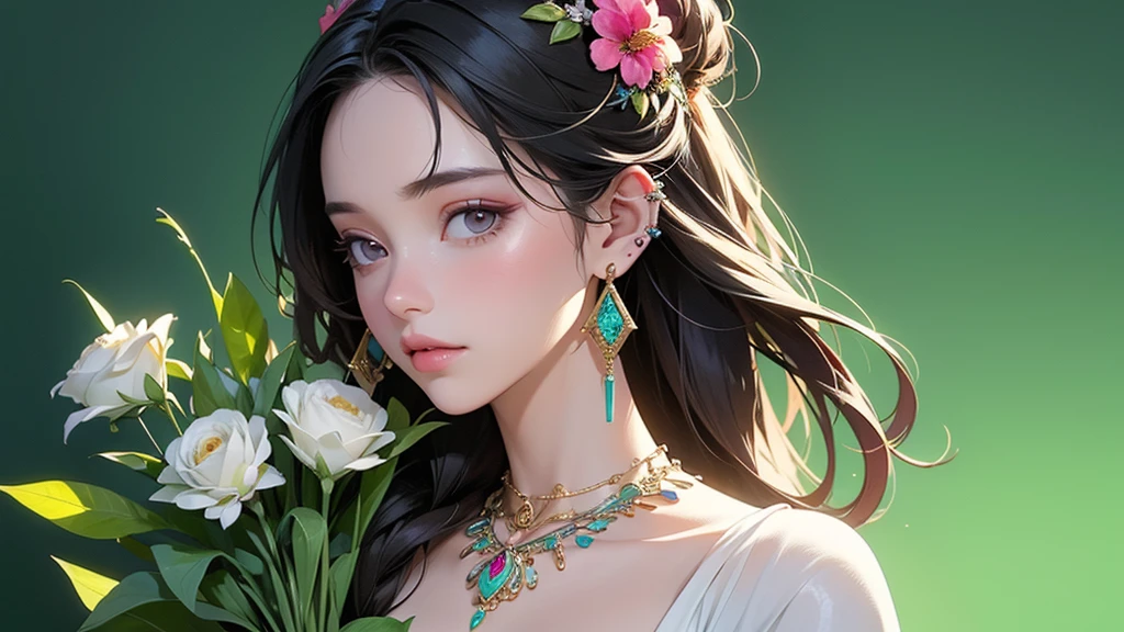 32K, 最高quality, 最高masterpiece, (ultra-Detailed Background, Detailed Background), High resolution, Super detailed, Very detailedな, One girl, (bouquet:1.3), (Tangled:1.2), (Geometric:1.2),(colorful),(masterpiece, quality, best quality, Official Art, Beautiful and beautiful:1.2), (1 girl:1.3), Very detailed,(colorful:1.1)(Flowers:1.3),Most detailed,(Tangled:1.2), whole body, (Abstract background:1.3), (Skin glows), (Many colors:1.4), ,(Earrings Jewelry:1.5), Light green background,