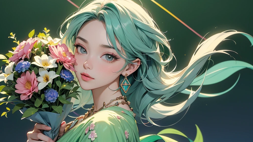 32K, 最高quality, 最高masterpiece, (ultra-Detailed Background, Detailed Background), High resolution, Super detailed, Very detailedな, One girl, (bouquet:1.3), (Tangled:1.2), (Geometric:1.2),(colorful),(masterpiece, quality, best quality, Official Art, Beautiful and beautiful:1.2), (1 girl:1.3), Very detailed,(colorful:1.1)(Flowers:1.3),Most detailed,(Tangled:1.2), whole body, (Abstract background:1.3), (Skin glows), (Many colors:1.4), ,(Earrings Jewelry:1.5), Light green background,