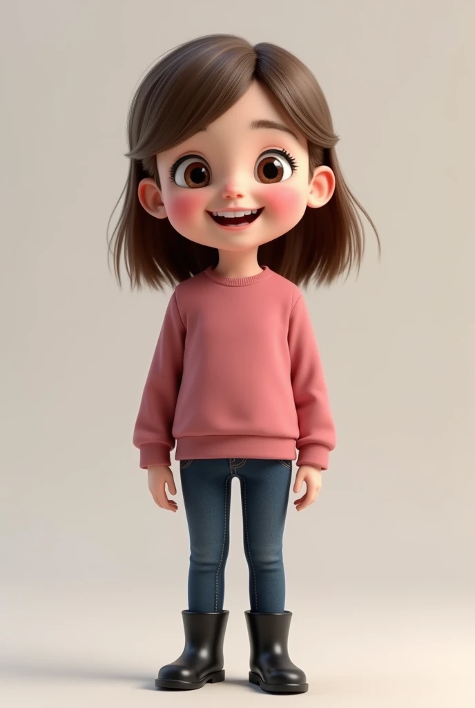 3D image of a 5  full body. Wearing dark pink sweatshirt and dark blue jeans.  She has light brown hair and eyes, small nose and white skin. Straight hair parted on the side, shoulder length,  loose and with bangs. Slanted eyes and very happy smiling.  black boot. Face is tapered at the chin 