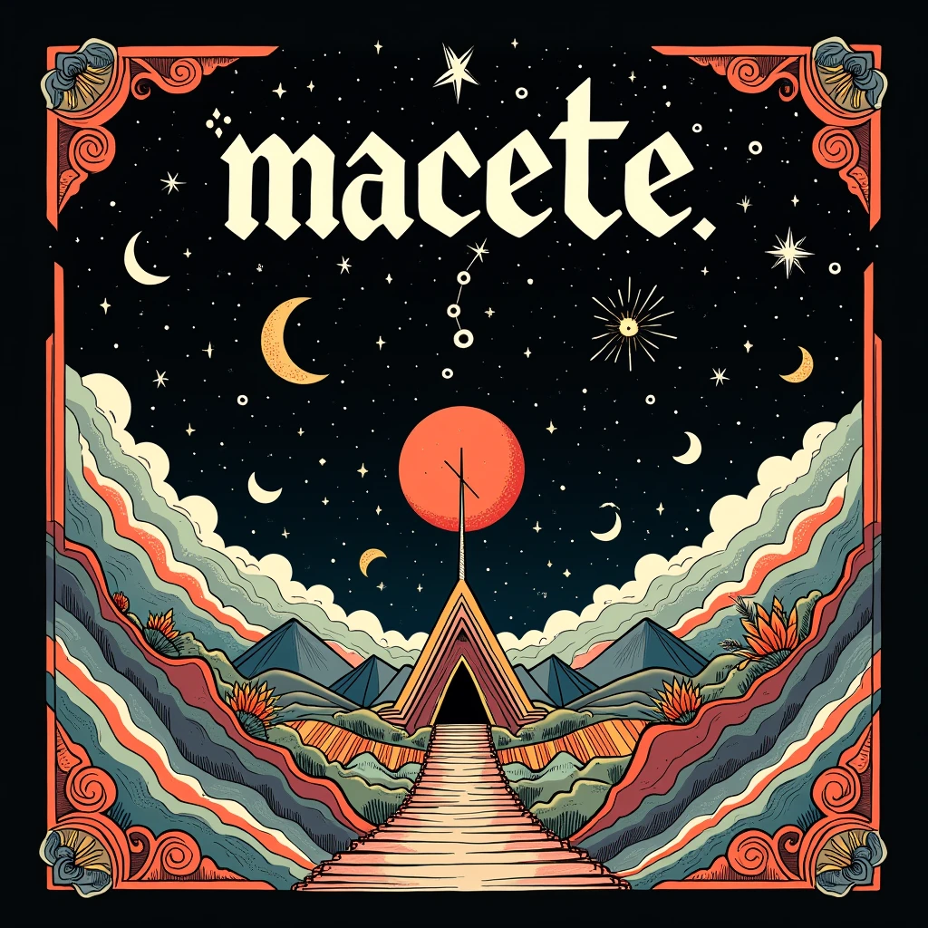 Cover for a rock band with a headline that says "machete".
Use an abstract and simple line illustration style, with many different figures that refer to time, the night and the bohemian.
Do not use humans or anthropomorphic figures.

