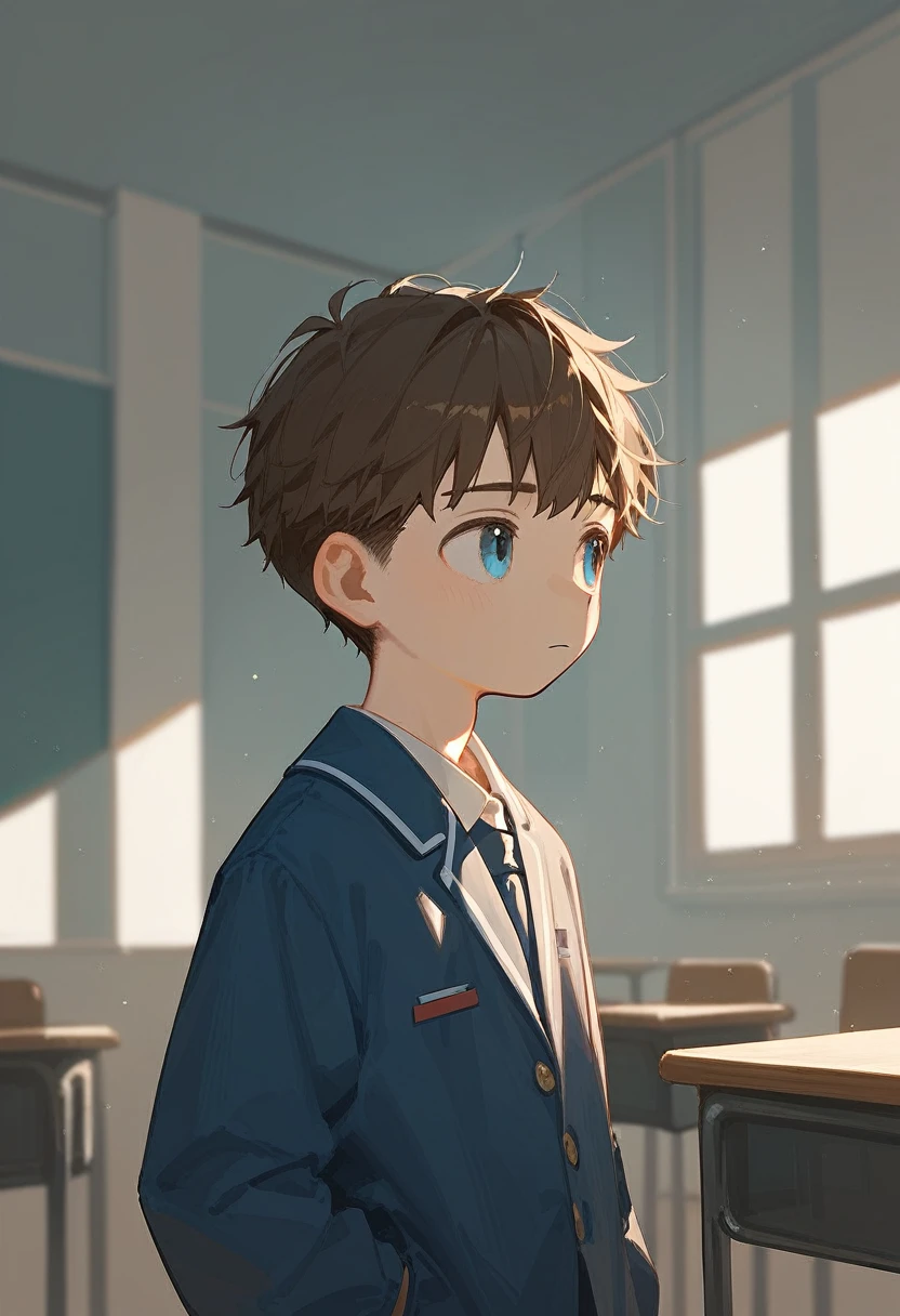 1 boy , short brown hair, blue eyes looking away, PENSATIVE, schoolar uniform, school corridors, natural lighting, Background characters