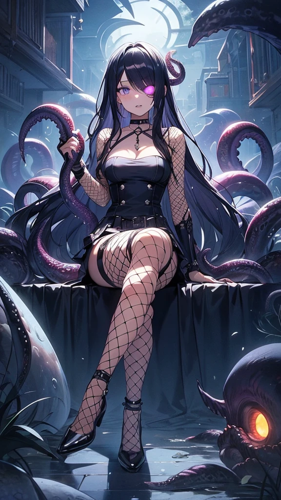 ((masterpiece,best quality)), detailed face, (1girl), cyclop, (cyclops), one-eyed, colored eye, (purple eye), glowing, glowing eye, colored skin, mouth open, sharp teeth, medium breasts, choker, (hair made of tentacles, tentacle hair), Lovecraftian, Lovecraft, dark, (sitting with legs crossed in detailed graveyard), ((fishnets)), tentacles, horror \(theme\),