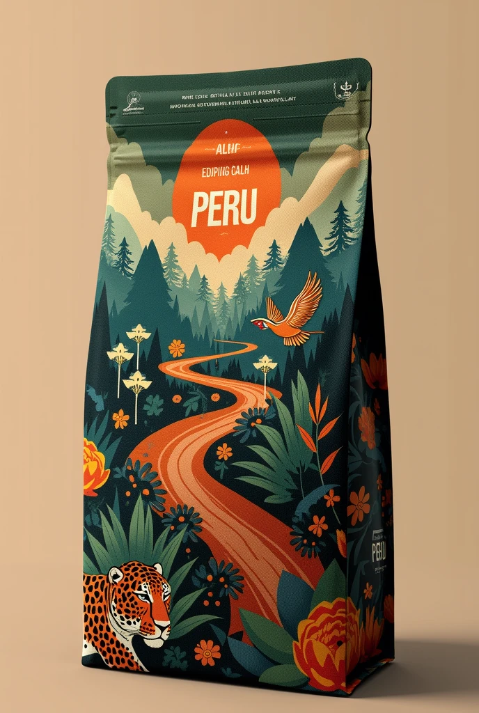 I want you to create a design for a 250g coffee bag, I want it to reflect Peruvian culture 100%%, I want it to reflect the nature and beauty of the country, that a client sees the design and says wow I want that product, that reflects typical spirits of the country and the jungle, that the design is unique and generates quality and status