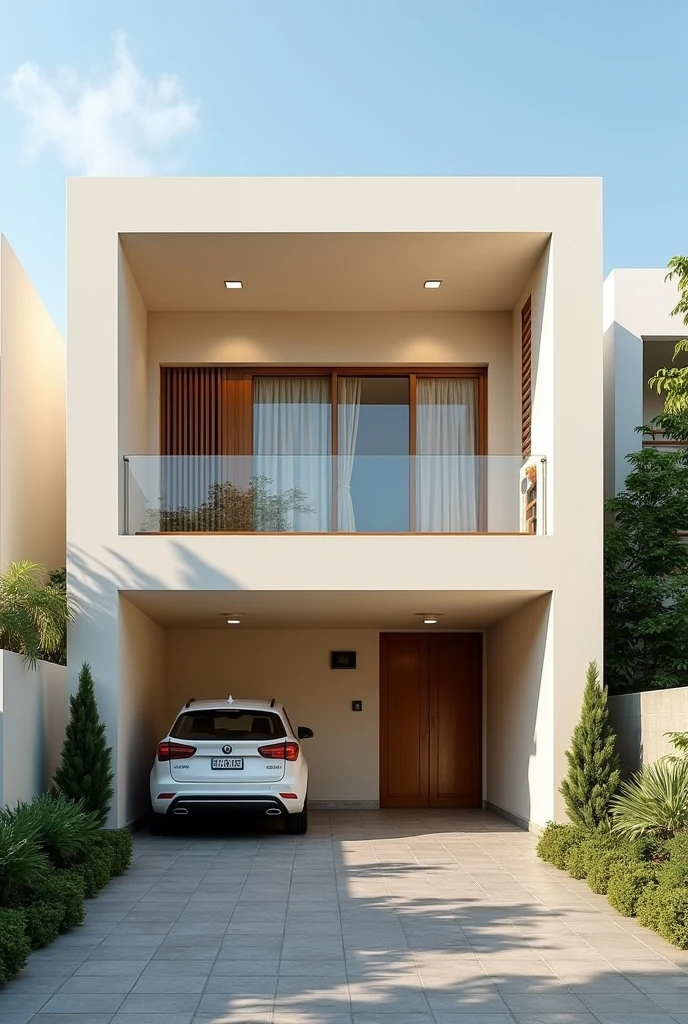 2 duplex house elevation with a modern creamy wihte sytle Archictural artists expression, double car parking garage.
