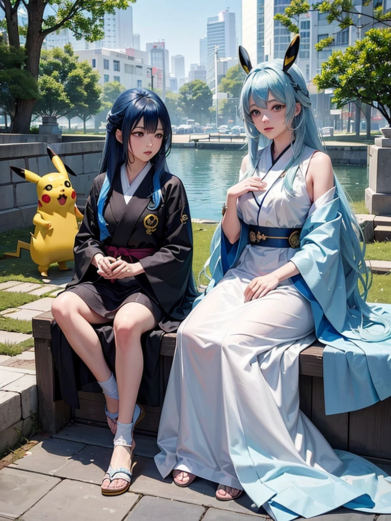 …、Pikachu(c)。,blue hair,long hair white eye in Watching かofじょ and (しごandだから)Reluctantly Matching かofじょ of Two people To Dispute did。