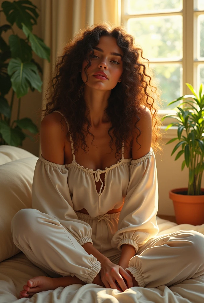 (photorealism:1.2), beautiful woman, sitting on bed, wearing loose off-shoulder top, pajama pants, long curly hair, indoors, soft lighting, plants in background, window with sunlight, cozy room, relaxed pose, realistic, intricate details, warm colors, by Greg Rutkowski, by Alphonse Mucha