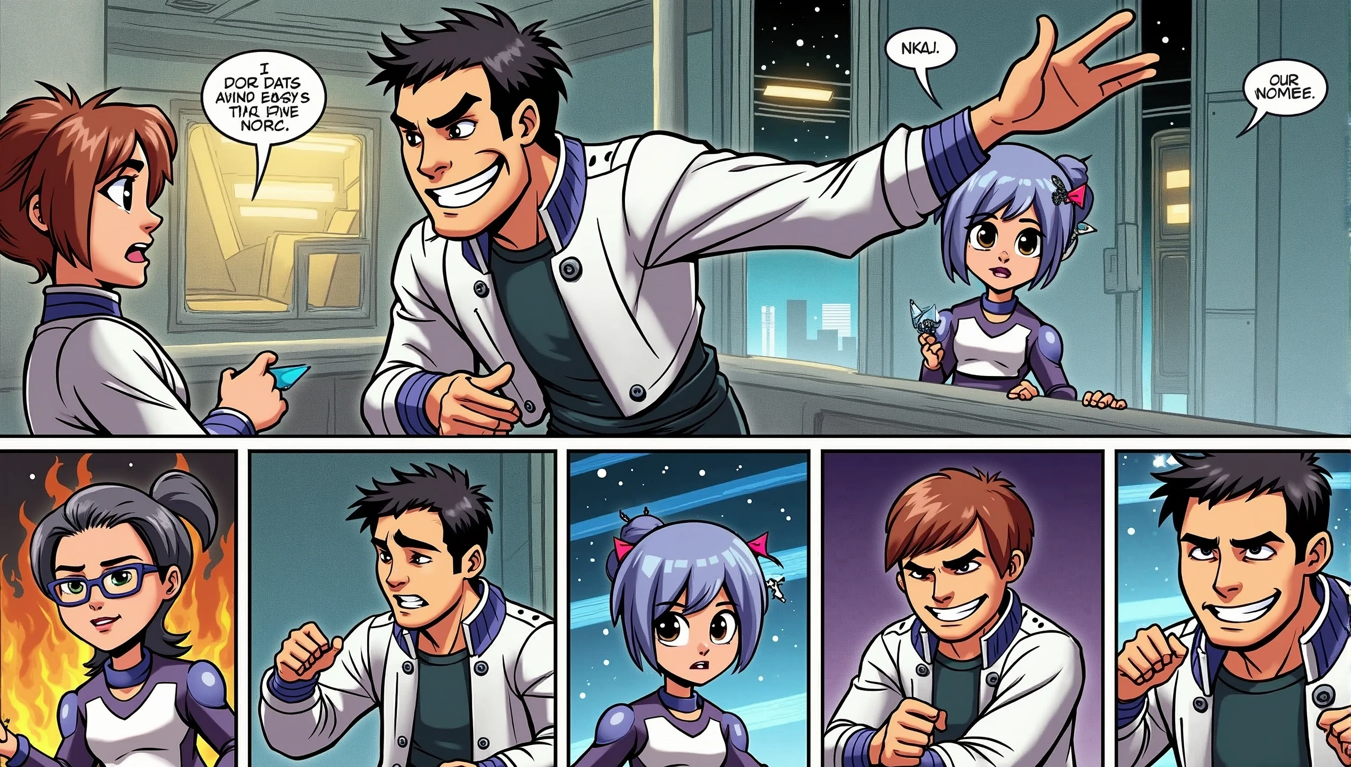 Create a cover for my comic with these two characters with the title: MAX E ATOMIX: THE ATOMIC MISSION 