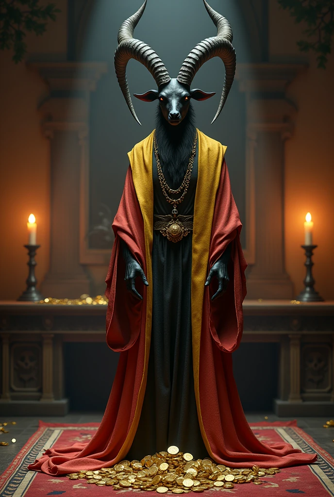The colors of alchemy. blackw, offwhite, yellow and red in a baphomet ritual with two candles and many gold coins