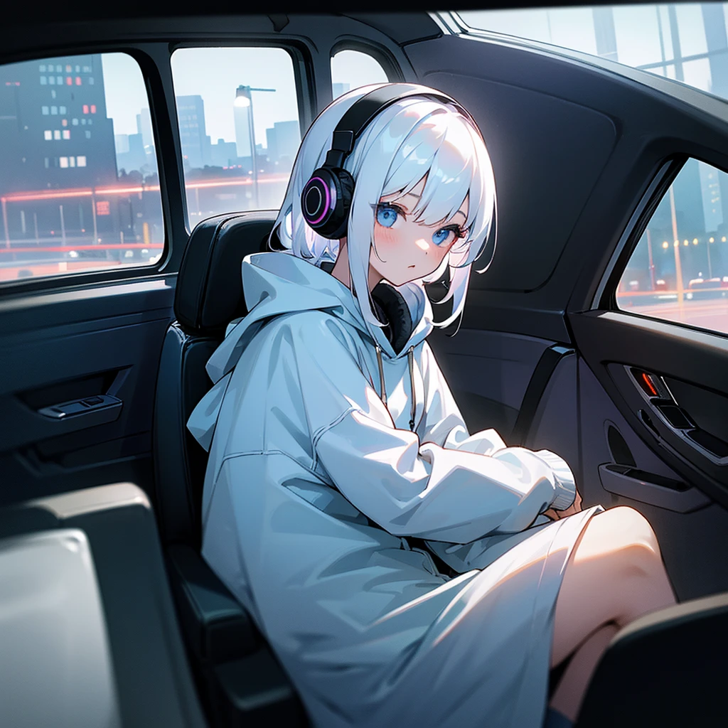 A girl with white hair and around middle school age was wearing a hoodie.、With headphones on、The inside of the car is dark、The girl is sitting in the back seat on the right side of a dark car、You can see a window in the distance and a beautiful city night view in the distance.、The girl's body is facing left at a right angle from the viewpoint.、The girl has her eyes closed、Sleeping with head slightly tilted downwards、The viewpoint is from the left rear seat toward the night view behind the girl.