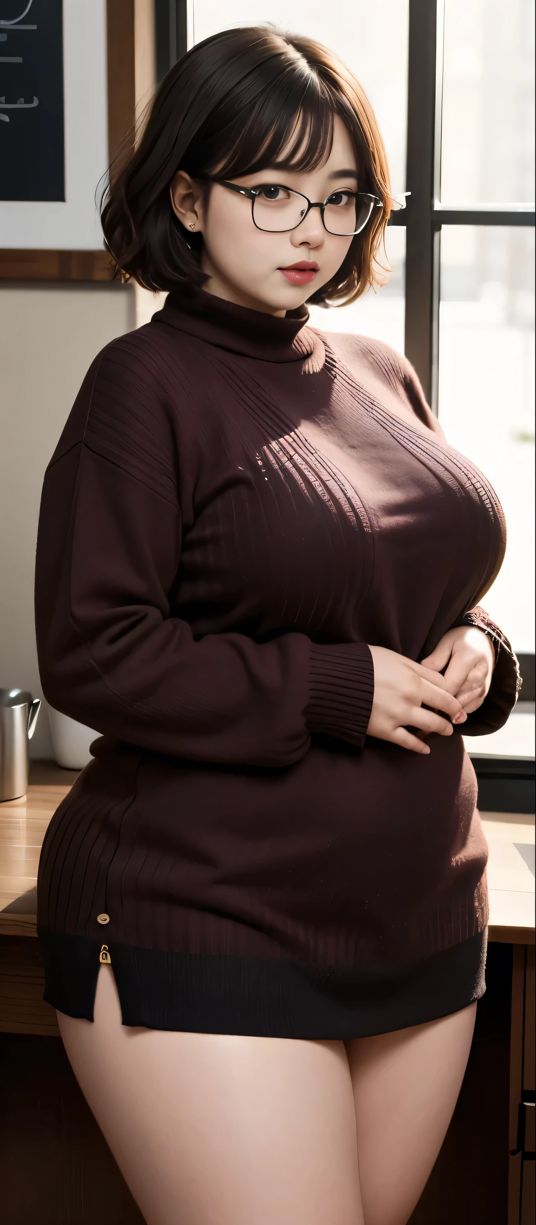 (Best quality,8k,ultra high res:1.2),(Pretty Japanese girl),(Huge breasts:0.8),(dark maroon sweater), (thick thighs:0.9), (obese body), (glasses), (SFW), (fat thighs:0.9), (short wavy hair ), wavy short hair , thick cheeks , thick thighs