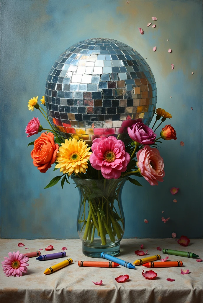 painting of a broken mirrorball, crayons, and flowers inside the vase