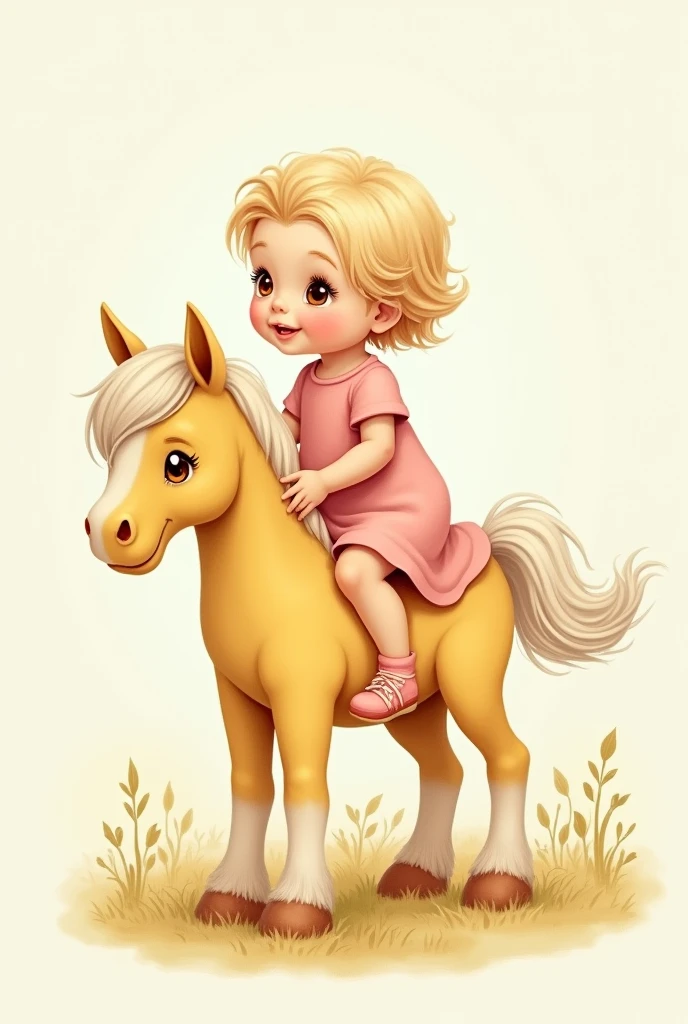 A blonde baby, Brown eyes, in a pink dress riding a light yellow horse, white mane stuffed animal vintage watercolor illustration